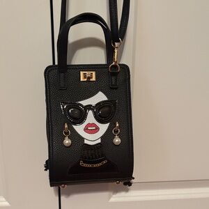 Black Novelty Face Applique Crossbody Phone Bag
